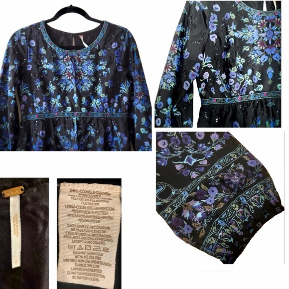 Free People Sequin Matroyshka Russian Doll Tunic Dress Sz 8 Black Embroidered - Picture 8 of 10